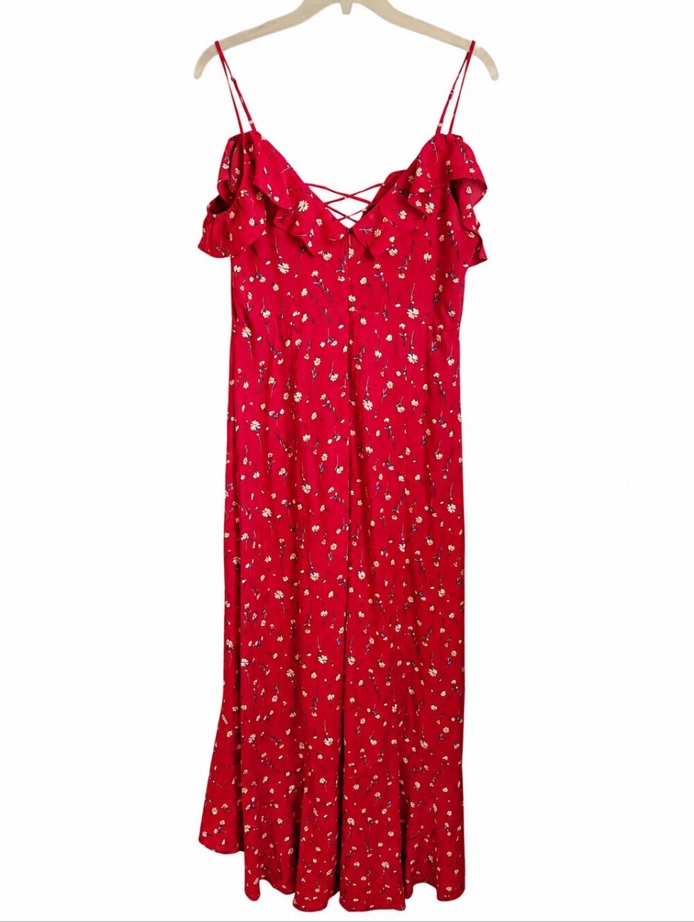 IF BY SEA Floral Ruffle Maxi Dress Red Cottagecore Lace Up Sundress Size M - Picture 2 of 9
